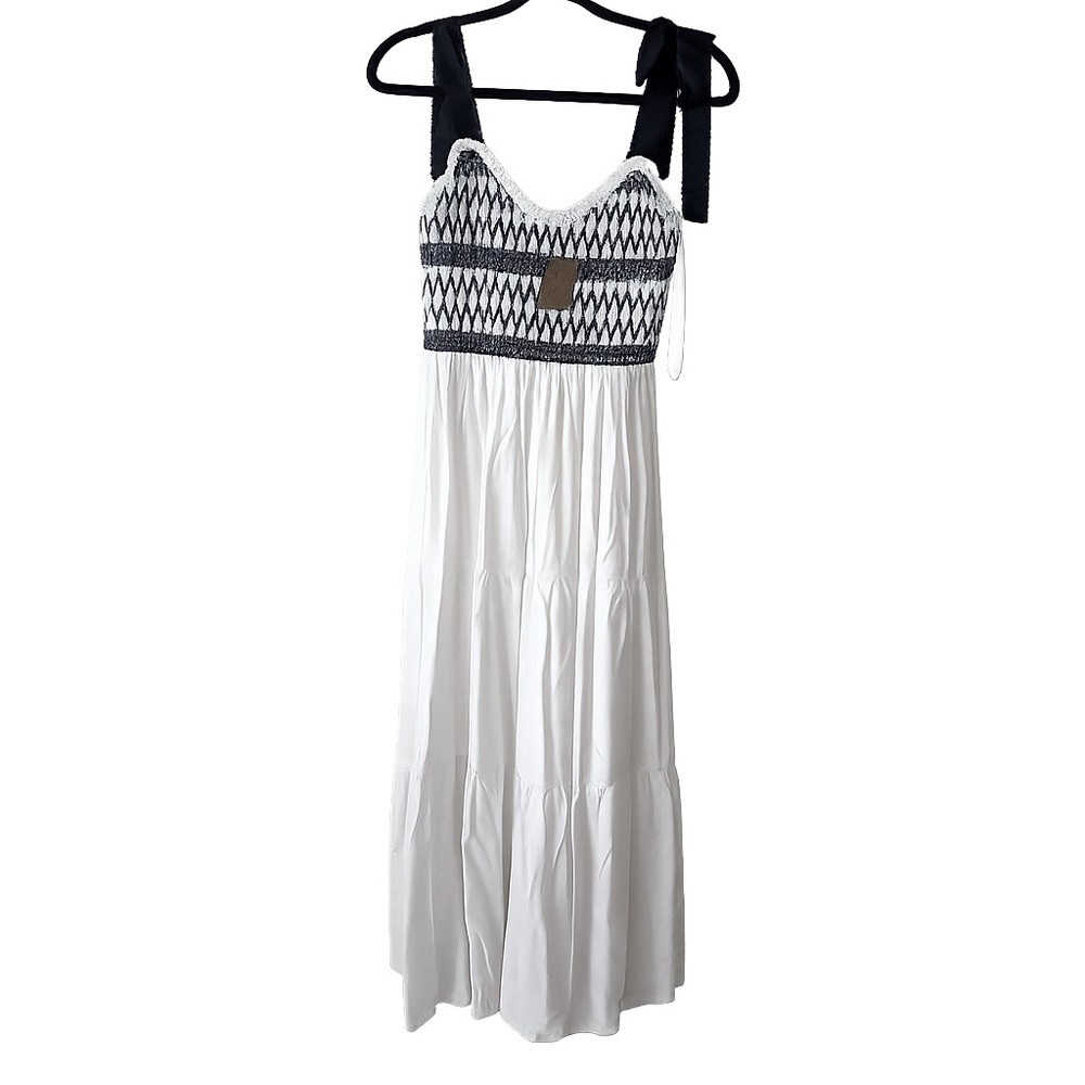 Blu Pepper White Maxi Dress with Black Smocked Bodice & Tie Strapssize medium